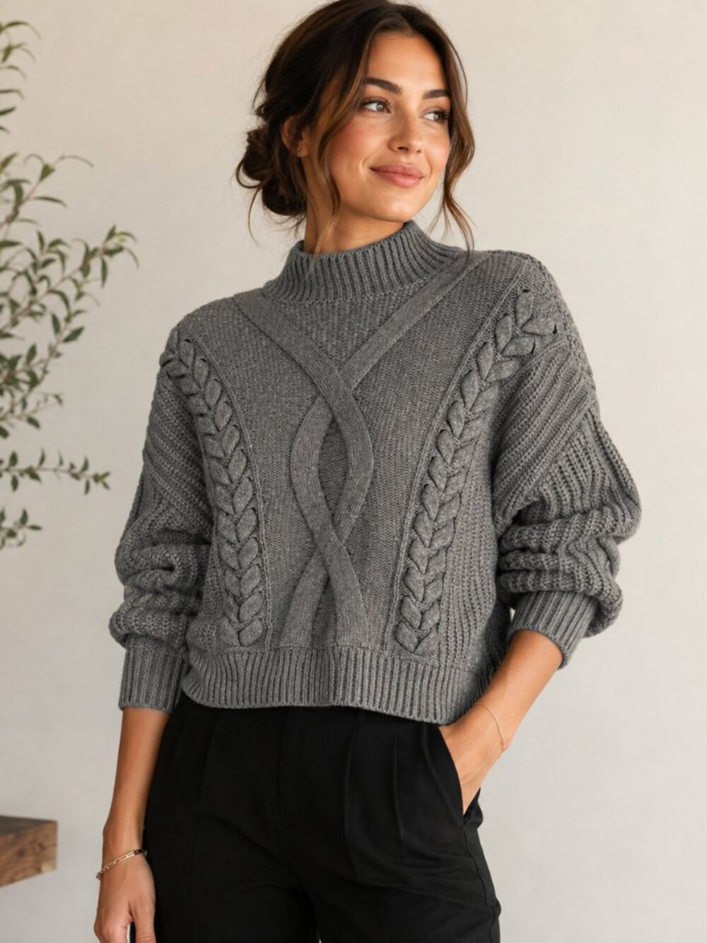 Elizabeth and James Womens M Gray Cable Knit Cropped Sweater Mock Neck Slouchy